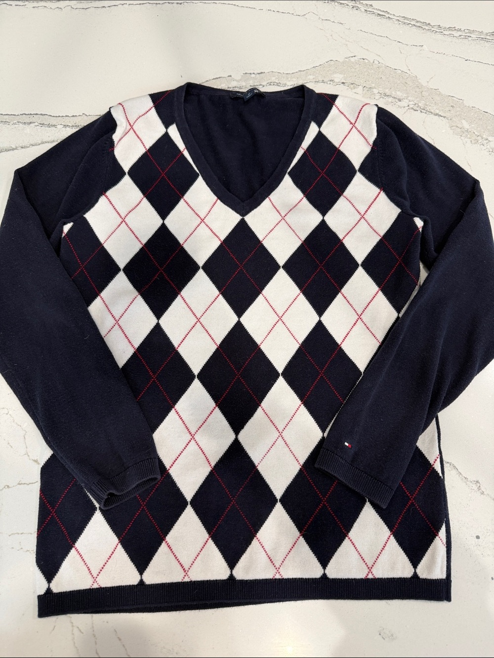 Tommy Hilfiger Women’s Argyle V-Neck Sweater Navy Ivory Red Preppy Y2K- Size M